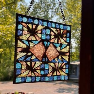 Genuine Stained Glass Mosaic Kissing Fish Suncatcher  8" Sq, NEW in Box Vintage